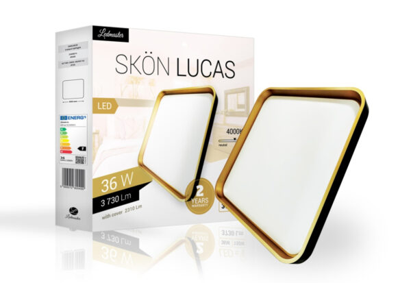 Skön Lucas 36 W-os 500 mm négyzet alakú natúr fehér, fekete-arany színű mennyezeti lámpa, IP20-as védettségű