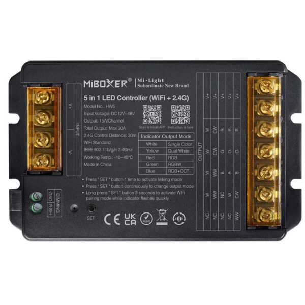 MiBoxer 5 Az 1-Ben Dimmer/CCT/RGB/RGBW/RGB+CCT WiFis Led Zóna Vezérlõ DC12-48V 30A