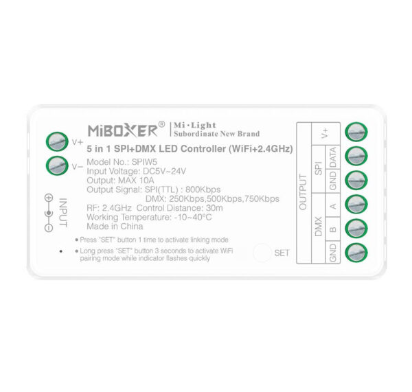 MiBoxer 5 Az 1-ben digitális SPI+DMX Single Color/CCT/RGB/RGBW/RGB+CCT Led Zóna Vezérlõ DC5-24V 10A