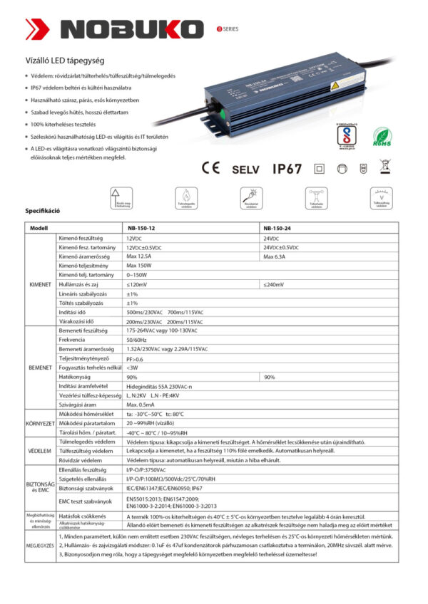 NOBUKO B Series 12V 150W IP67 Kültéri Led Tápegység