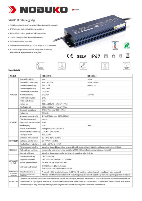 NOBUKO B Series 24V 250W IP67 Kültéri Led Tápegység