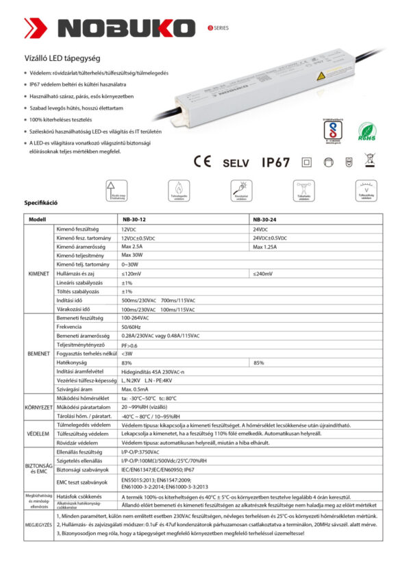 NOBUKO B Series 24V 30W IP67 Kültéri Led Tápegység