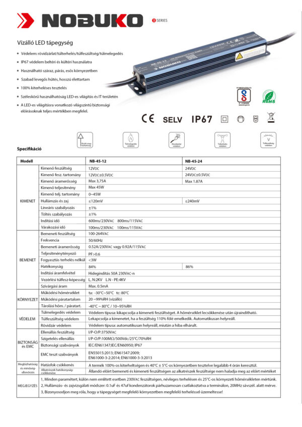 NOBUKO B Series 12V 45W IP67 Kültéri Led Tápegység