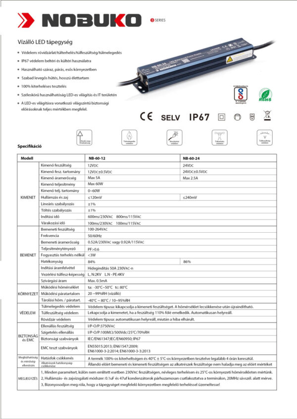 NOBUKO B Series 12V 60W IP67 Kültéri Led Tápegység
