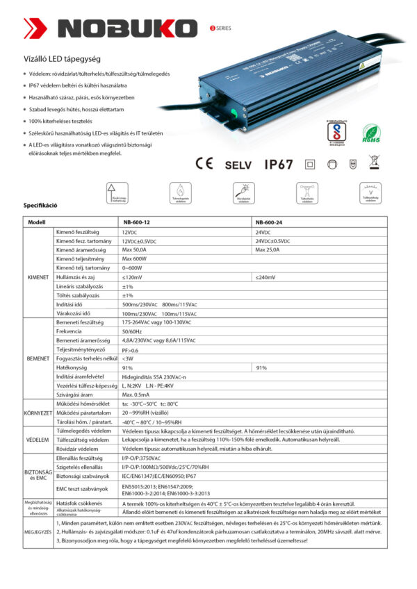 NOBUKO B Series 12V 600W IP67 Kültéri Led Tápegység